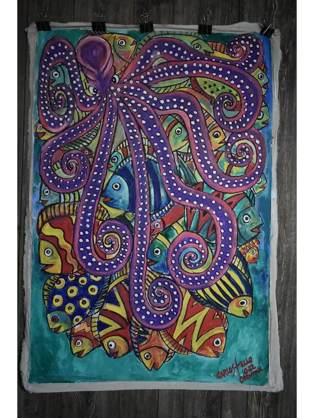 Carlos Tello Original Signed Painting 2022 Cozumel Mexican Folk Art Octopus Fish